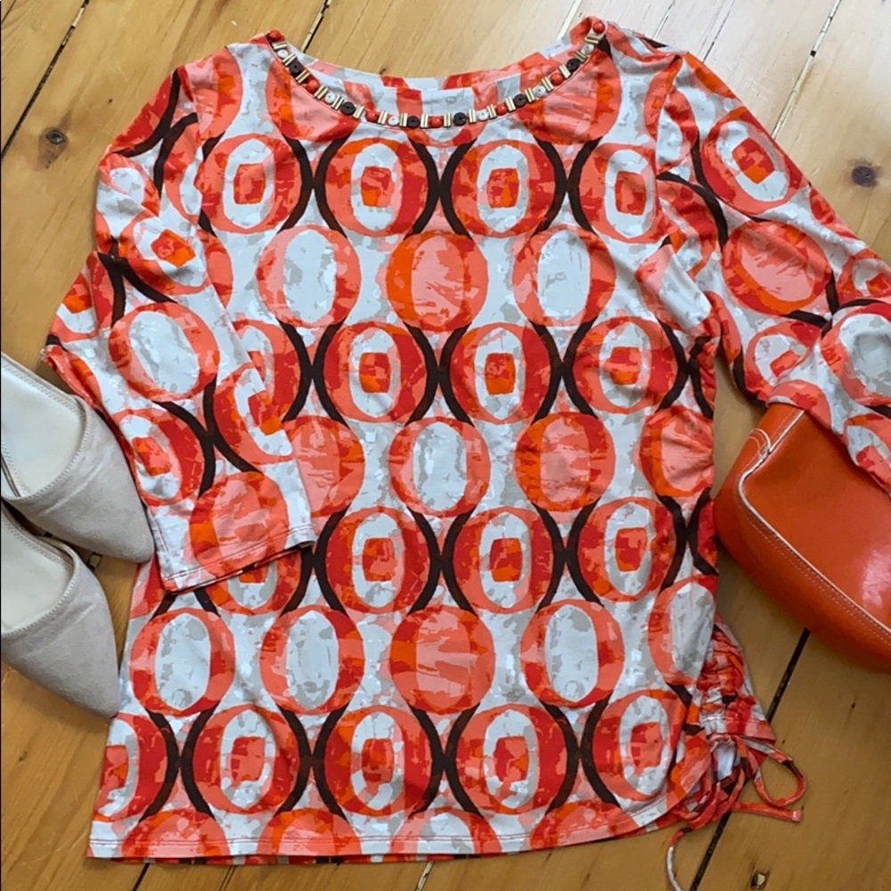 Ruby Red, Patterned Top, Side Ruching. - image 1